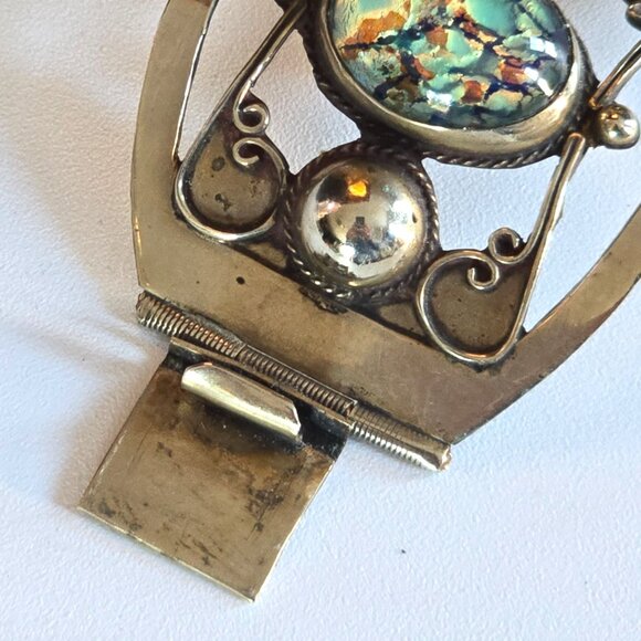 Eagle Head Taxco Sterling Silver Confetti Opal Foil Glass Hinged Panel Bracelet - Picture 6 of 13